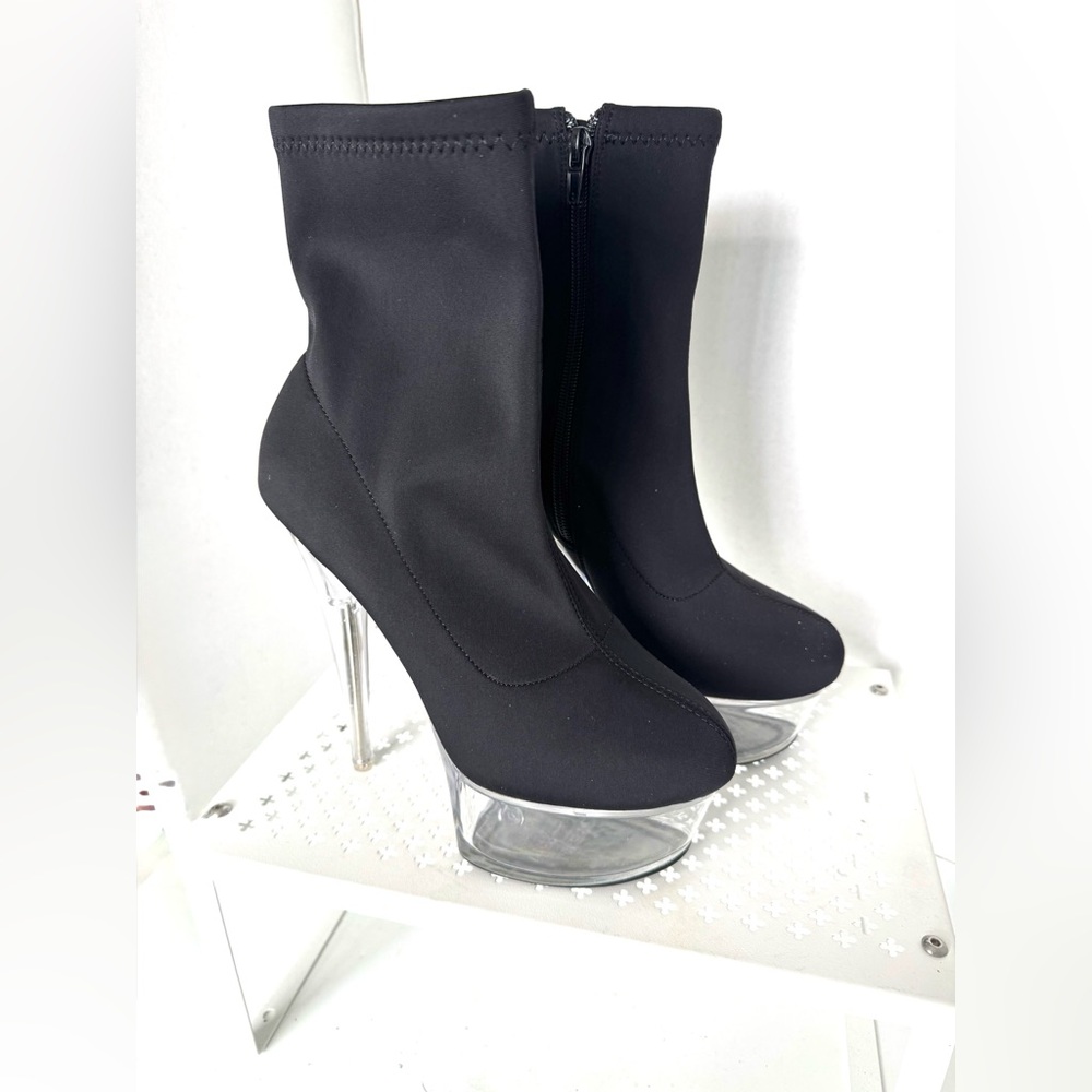 Fashion Nova Size 6.5 Platform 2” Black Boots with Clear 5.5 Inch Stiletto Heels